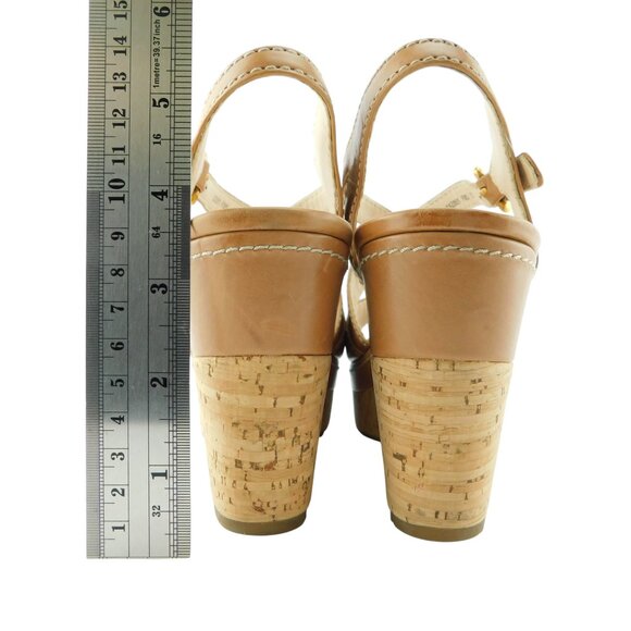 PRADA Logo Tan Brown Leather Crisscross Cork Wedge Sling Heel Sandals 37 - Picture 6 of 11